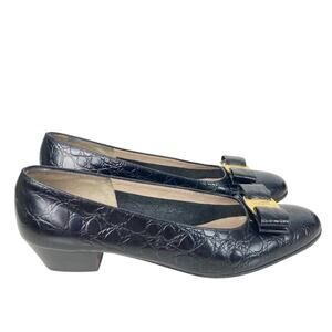 FARRAGAMO Vera Bow Black Leather Low Heels Pumps - 7.5